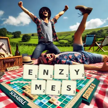 Creative illustration for a Scrabble game with the word ENZYMES spelled out in tiles on the board.