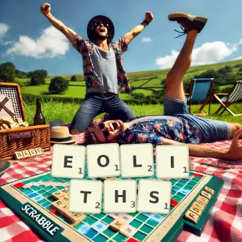 Creative illustration for a Scrabble game with the word EOLITHS spelled out in tiles on the board.