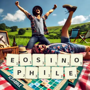 Creative illustration for a Scrabble game with the word EOSINOPHILE spelled out in tiles on the board.