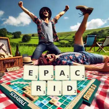 Creative illustration for a Scrabble game with the word EPACRID spelled out in tiles on the board.