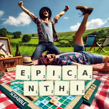 Creative illustration for a Scrabble game with the word EPICANTHI spelled out in tiles on the board.