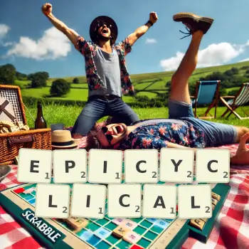 Creative illustration for a Scrabble game with the word EPICYCLICAL spelled out in tiles on the board.