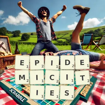 Creative illustration for a Scrabble game with the word EPIDEMICITIES spelled out in tiles on the board.