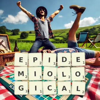 Creative illustration for a Scrabble game with the word EPIDEMIOLOGICAL spelled out in tiles on the board.