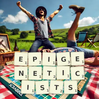 Creative illustration for a Scrabble game with the word EPIGENETICISTS spelled out in tiles on the board.