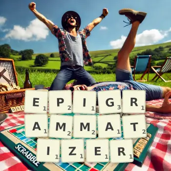 Creative illustration for a Scrabble game with the word EPIGRAMMATIZER spelled out in tiles on the board.