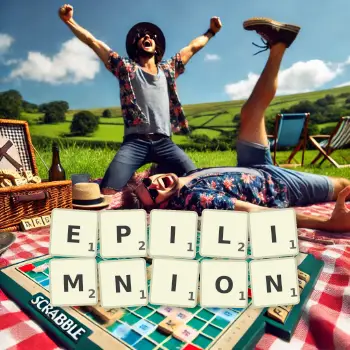 Creative illustration for a Scrabble game with the word EPILIMNION spelled out in tiles on the board.