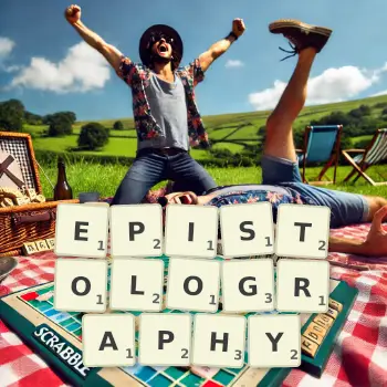 Creative illustration for a Scrabble game with the word EPISTOLOGRAPHY spelled out in tiles on the board.
