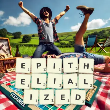 Creative illustration for a Scrabble game with the word EPITHELIALIZED spelled out in tiles on the board.