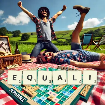 Creative illustration for a Scrabble game with the word EQUALI spelled out in tiles on the board.