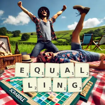Creative illustration for a Scrabble game with the word EQUALLING spelled out in tiles on the board.