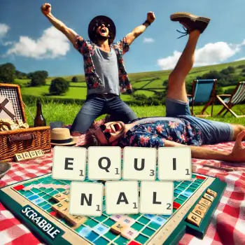 Creative illustration for a Scrabble game with the word EQUINAL spelled out in tiles on the board.