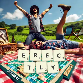 Creative illustration for a Scrabble game with the word ERECTLY spelled out in tiles on the board.