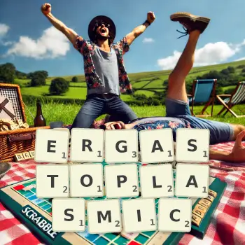 Creative illustration for a Scrabble game with the word ERGASTOPLASMIC spelled out in tiles on the board.
