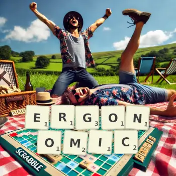 Creative illustration for a Scrabble game with the word ERGONOMIC spelled out in tiles on the board.