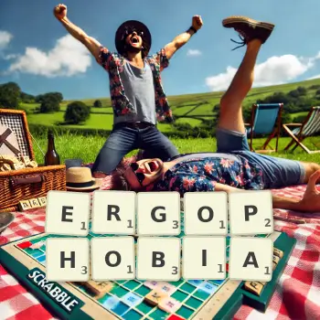 Creative illustration for a Scrabble game with the word ERGOPHOBIA spelled out in tiles on the board.