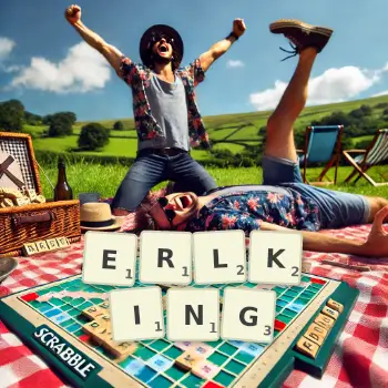 Creative illustration for a Scrabble game with the word ERLKING spelled out in tiles on the board.