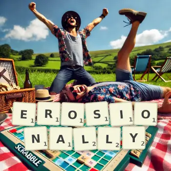 Creative illustration for a Scrabble game with the word EROSIONALLY spelled out in tiles on the board.