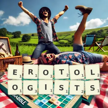 Creative illustration for a Scrabble game with the word EROTOLOGISTS spelled out in tiles on the board.