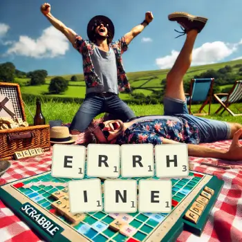 Creative illustration for a Scrabble game with the word ERRHINE spelled out in tiles on the board.