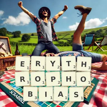 Creative illustration for a Scrabble game with the word ERYTHROPHOBIAS spelled out in tiles on the board.