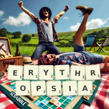 Creative illustration for a Scrabble game with the word ERYTHROPSIA spelled out in tiles on the board.