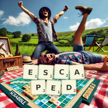 Creative illustration for a Scrabble game with the word ESCAPED spelled out in tiles on the board.