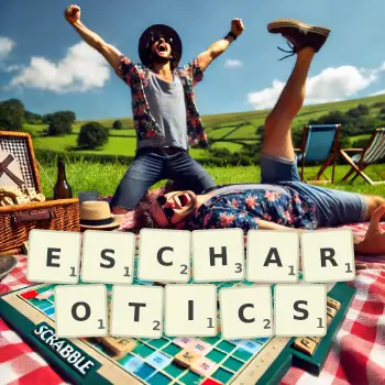 Creative illustration for a Scrabble game with the word ESCHAROTICS spelled out in tiles on the board.