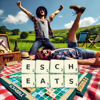 Creative illustration for a Scrabble game with the word ESCHEATS spelled out in tiles on the board.