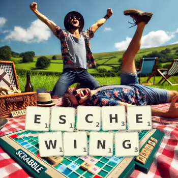 Creative illustration for a Scrabble game with the word ESCHEWING spelled out in tiles on the board.
