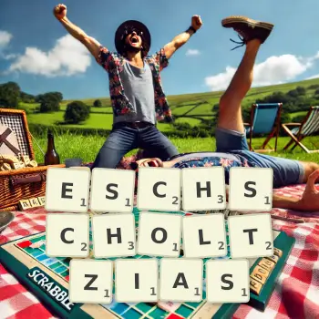 Creative illustration for a Scrabble game with the word ESCHSCHOLTZIAS spelled out in tiles on the board.