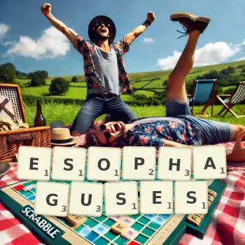 Creative illustration for a Scrabble game with the word ESOPHAGUSES spelled out in tiles on the board.