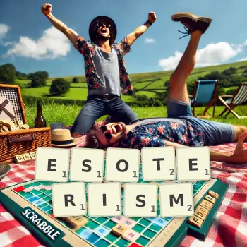 Creative illustration for a Scrabble game with the word ESOTERISM spelled out in tiles on the board.