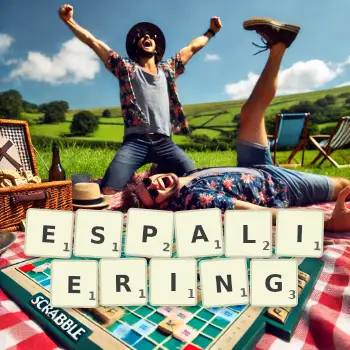 Creative illustration for a Scrabble game with the word ESPALIERING spelled out in tiles on the board.
