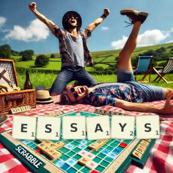 Creative illustration for a Scrabble game with the word ESSAYS spelled out in tiles on the board.