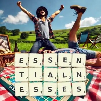 Creative illustration for a Scrabble game with the word ESSENTIALNESSES spelled out in tiles on the board.