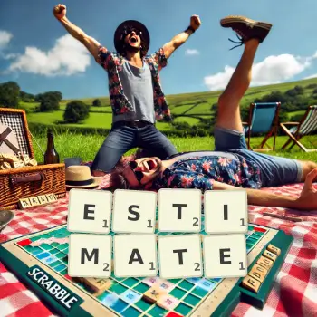 Creative illustration for a Scrabble game with the word ESTIMATE spelled out in tiles on the board.