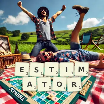 Creative illustration for a Scrabble game with the word ESTIMATOR spelled out in tiles on the board.