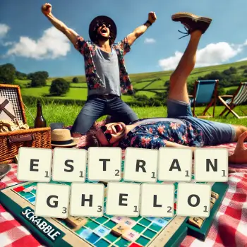 Creative illustration for a Scrabble game with the word ESTRANGHELO spelled out in tiles on the board.
