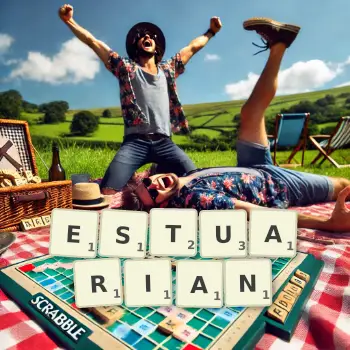 Creative illustration for a Scrabble game with the word ESTUARIAN spelled out in tiles on the board.