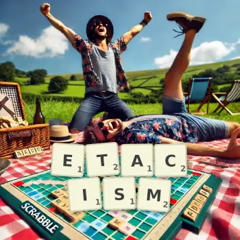 Creative illustration for a Scrabble game with the word ETACISM spelled out in tiles on the board.