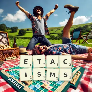 Creative illustration for a Scrabble game with the word ETACISMS spelled out in tiles on the board.