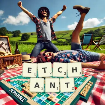 Creative illustration for a Scrabble game with the word ETCHANT spelled out in tiles on the board.
