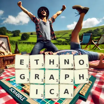 Creative illustration for a Scrabble game with the word ETHNOGRAPHICA spelled out in tiles on the board.