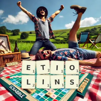 Creative illustration for a Scrabble game with the word ETIOLINS spelled out in tiles on the board.
