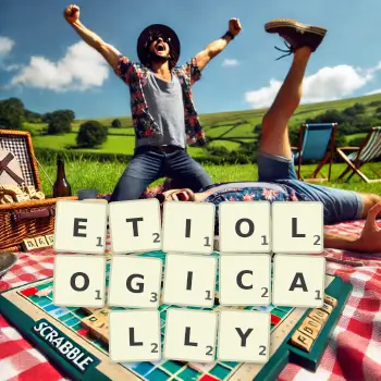 Creative illustration for a Scrabble game with the word ETIOLOGICALLY spelled out in tiles on the board.