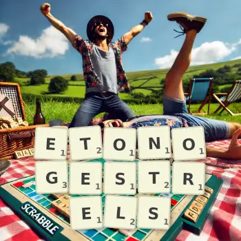 Creative illustration for a Scrabble game with the word ETONOGESTRELS spelled out in tiles on the board.