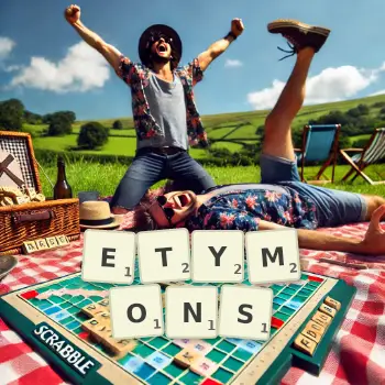 Creative illustration for a Scrabble game with the word ETYMONS spelled out in tiles on the board.