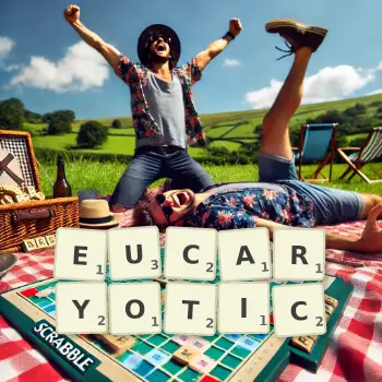 Creative illustration for a Scrabble game with the word EUCARYOTIC spelled out in tiles on the board.