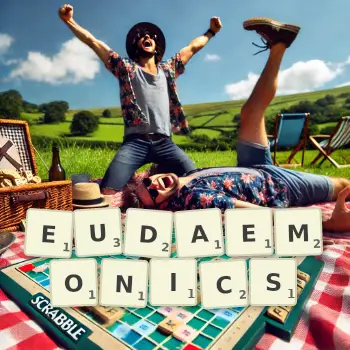Creative illustration for a Scrabble game with the word EUDAEMONICS spelled out in tiles on the board.